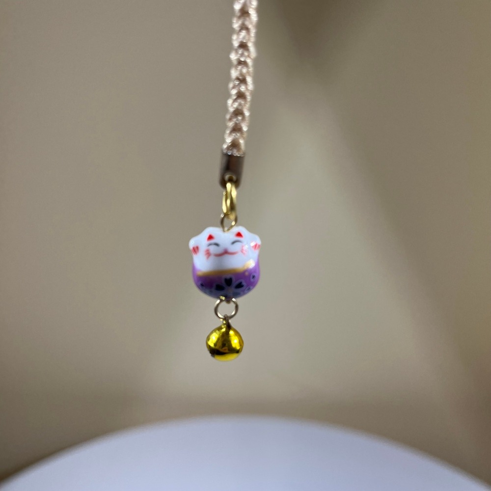 Maneki Neko Charm Purple Gold Lucky Cat Bell Accessory